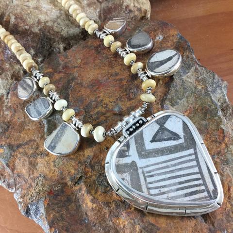 Anasazi & Fossilized Walrus Sterling Silver Beaded Necklace by Edward Lawrence