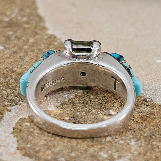 David Rosales Turquoise Valley Cobble Inlaid Sterling Silver Ring w/ Peridot