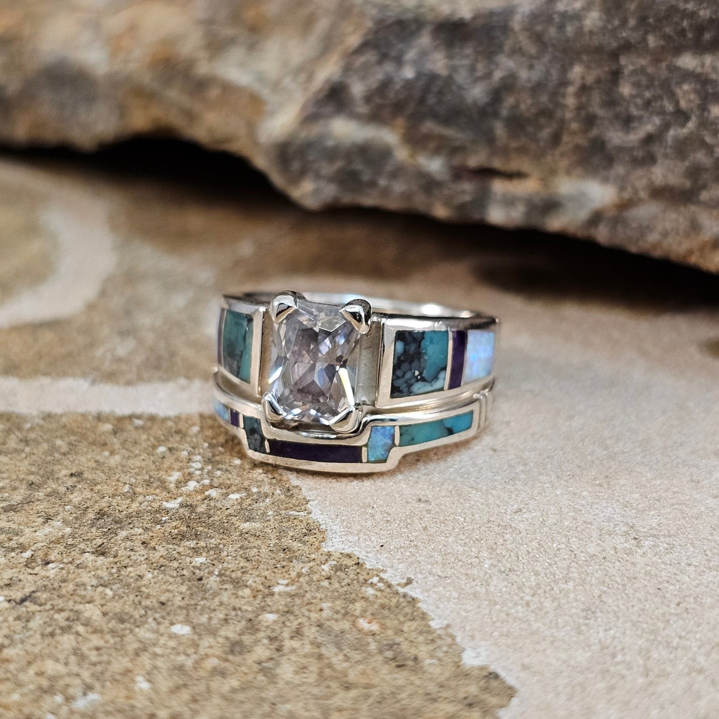 David Rosales Shalako Inlaid Sterling Silver Ring Set w/ Cubic Zirconia