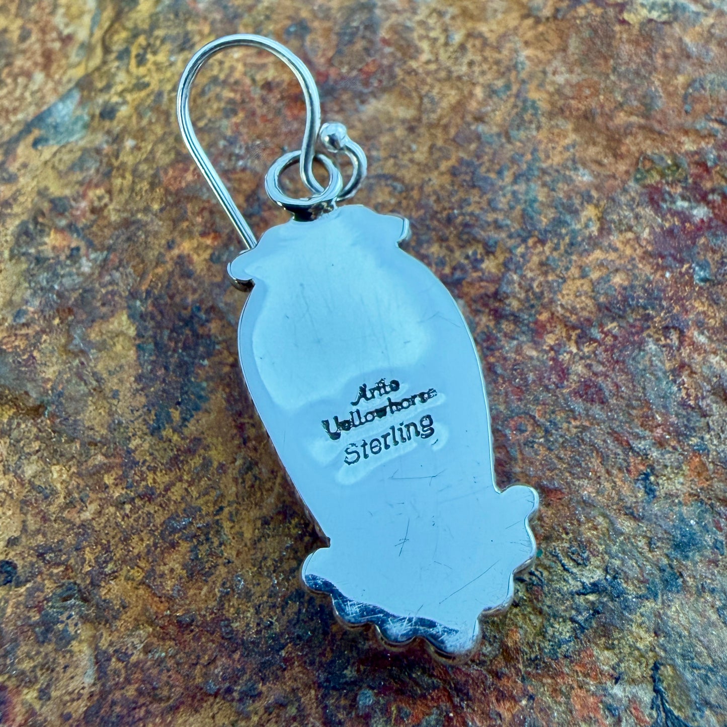 Kingman Turquoise Dangle Earrings by Artie Yellowhorse - reverse showing Artie Yellowhorse Sterling hallmark stamp