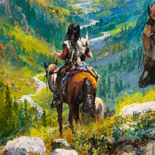 Painting of a person on horseback in a mountainous landscape