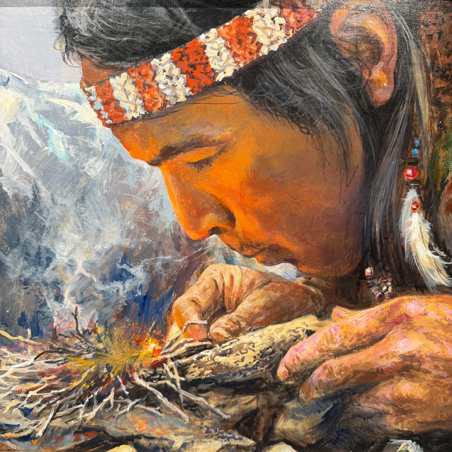 Artistic depiction of a person with a headband and feathered earrings lighting a fire.