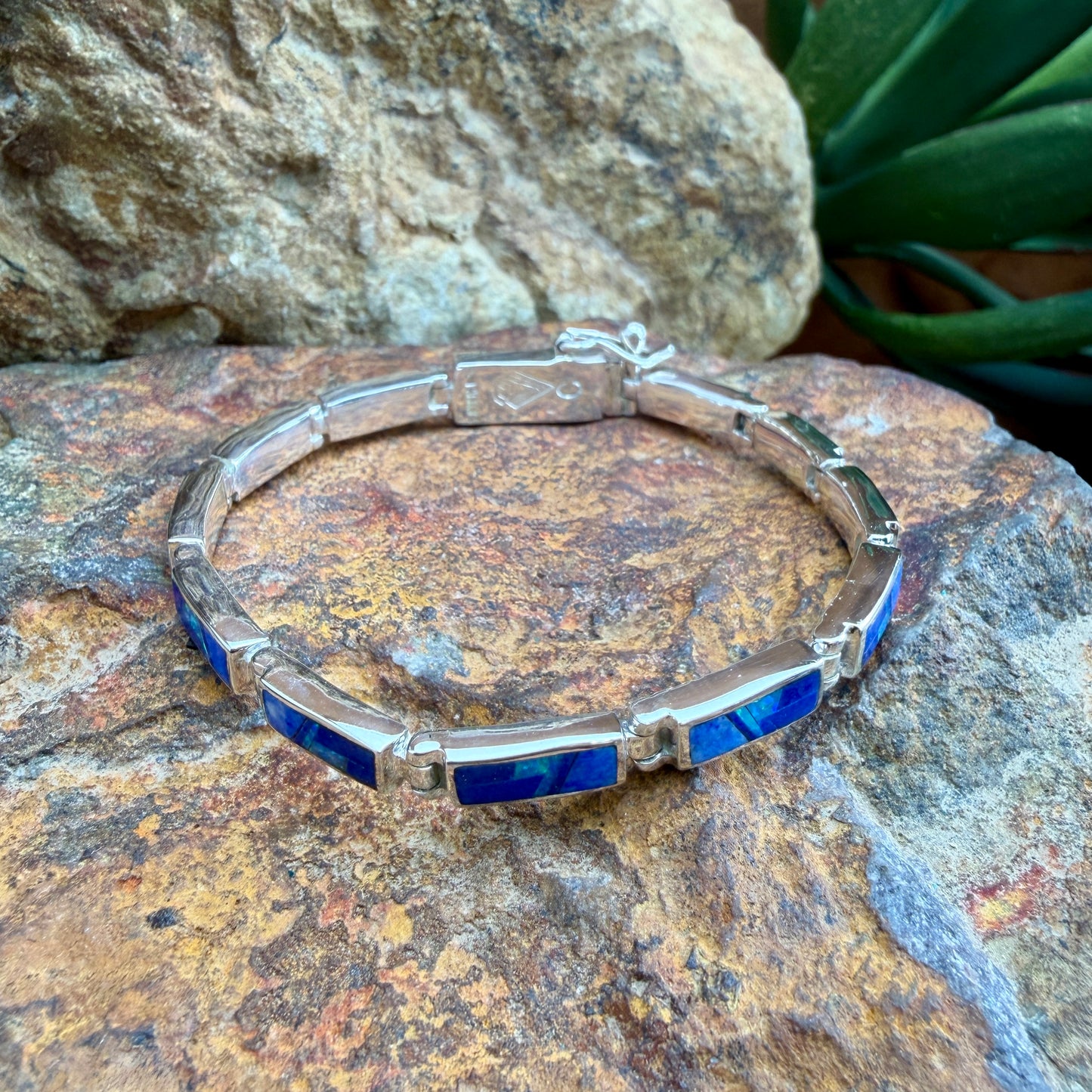David Rosales Fancy Blue Sky Inlaid Sterling Silver Link Bracelet