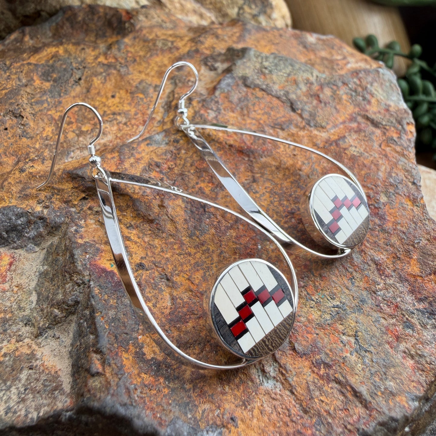 David Rosales Red Feather Inlaid Sterling Silver Earrings