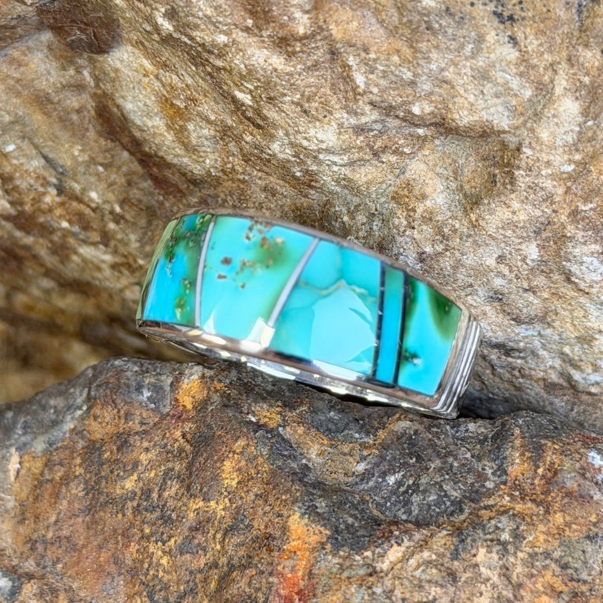 David Rosales Sonoran Gold Turquoise Inlaid Sterling Silver Ring