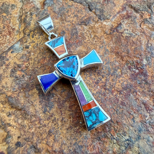 David Rosales Indian Summer Inlaid Sterling Silver Pendant Cross w/ Blue Topaz
