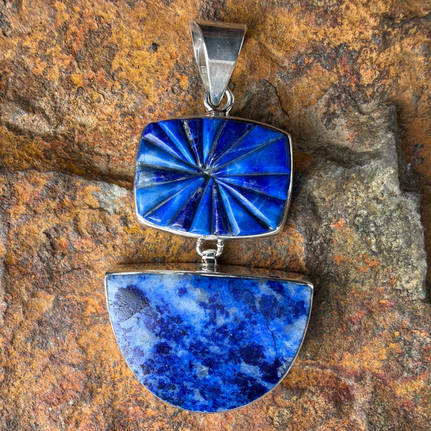 Blue and white stone swivel pendant with silver setting