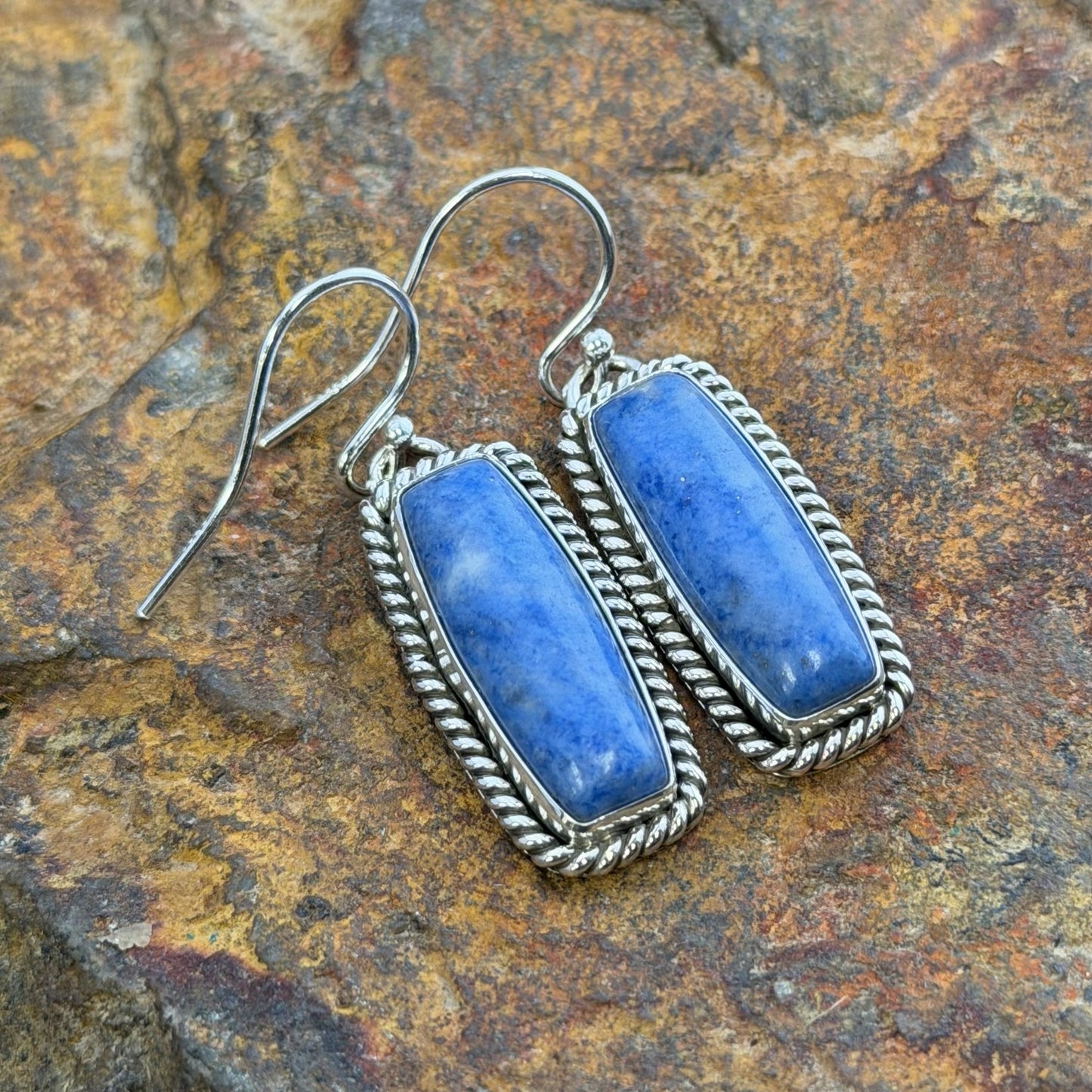 A pair of sterling silver rectangular earrings with rectangular blue stone cabochons displayed on a natural driftwood branch with a blurred outdoor background.