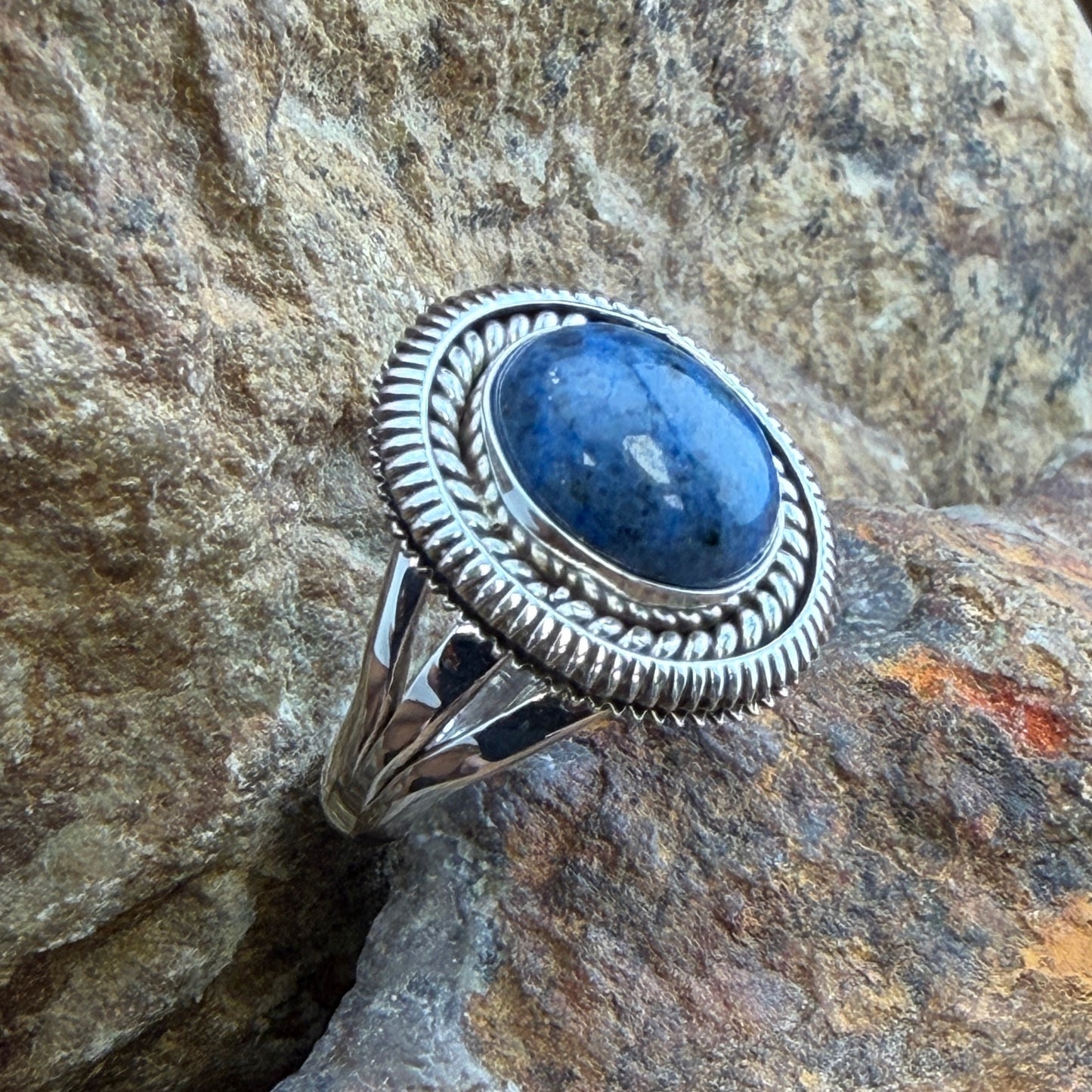 Denim Lapis Ring by Artie Yellowhorse - front view of oval Denim Lapis cabochon in sterling silver