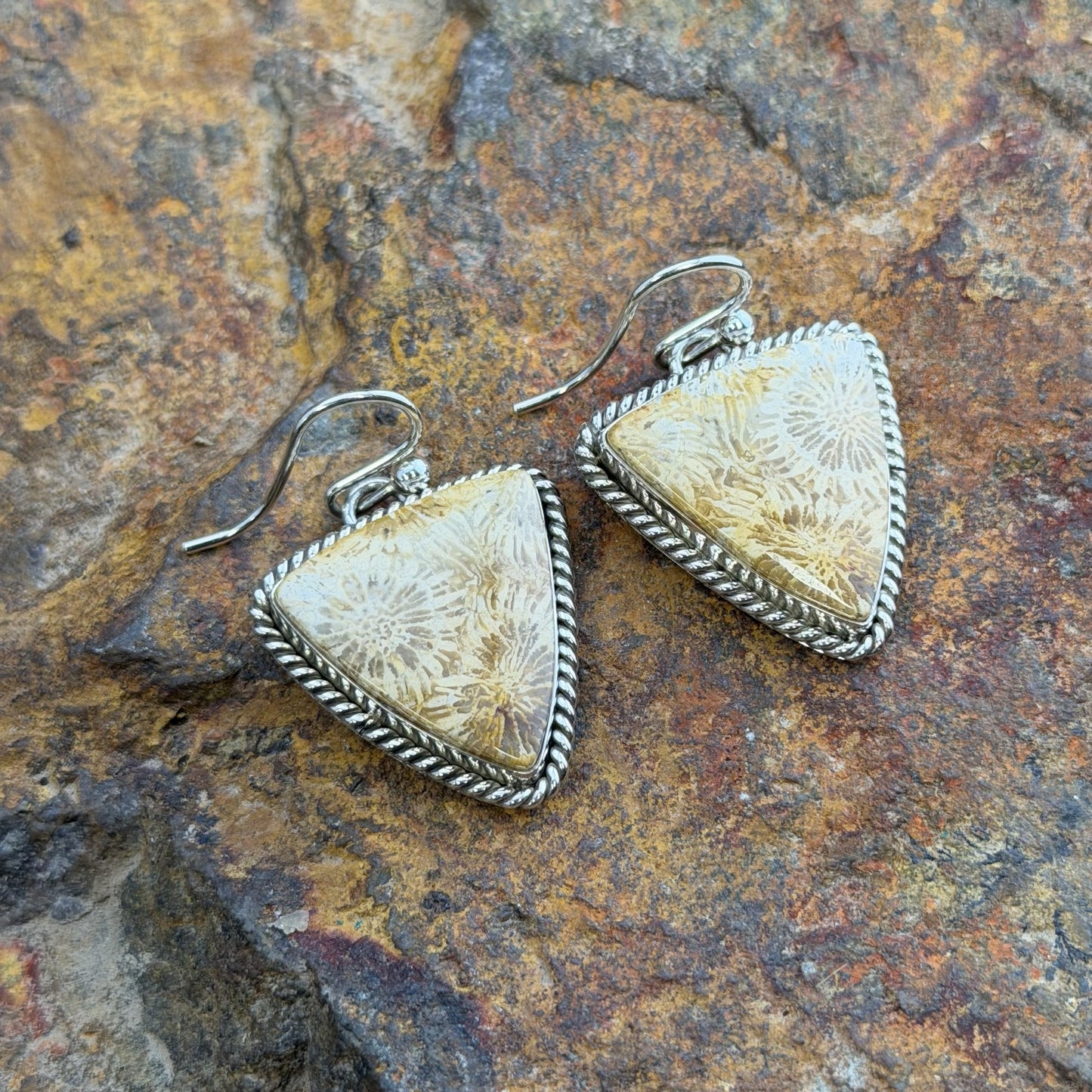 Triangular silver dangle earrings with a central cream-colored fossil cabachon, resting on a textured brown and orange rock surface.