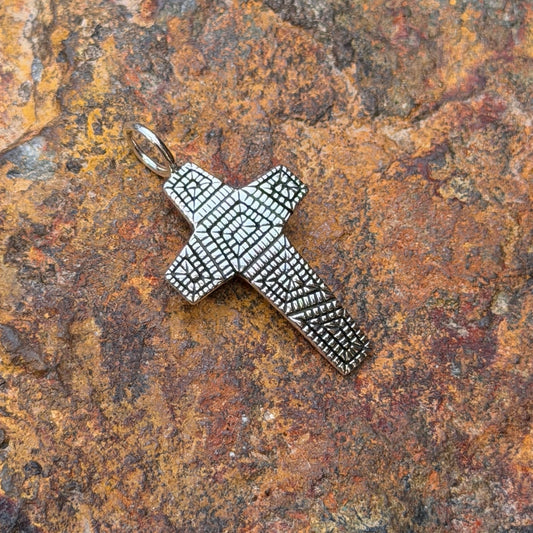 Elgin Tom sterling silver geometric cross pendant, angled view