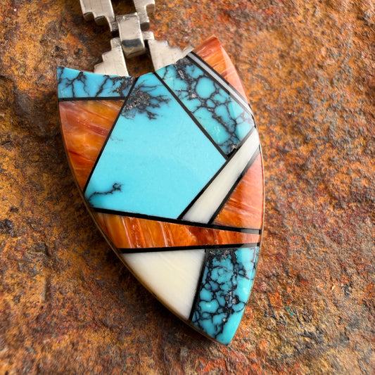 Vintage - Spiny Oyster Shell, Ithaca Peak Turquoise, Black Onyx & Mother of Pearl Inlaid Pendant – Estate
