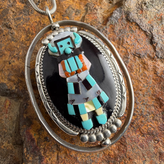 Vintage - K.C. Zuni Two-Sided Kachina Channel Inlay Pendant Necklace - Estate