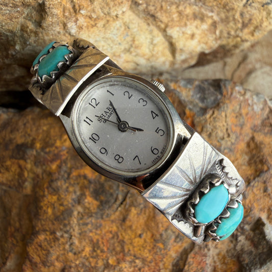 Vintage - Navajo Style 10-Stone Morenci Turquoise Watch Cuff Bracelet - Estate