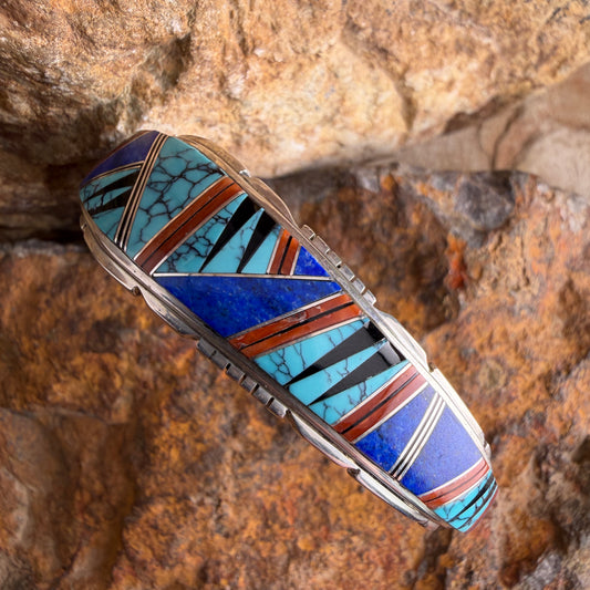 Vintage - Navajo Multistone Channel Inlay Chevron Cuff Bracelet - Estate