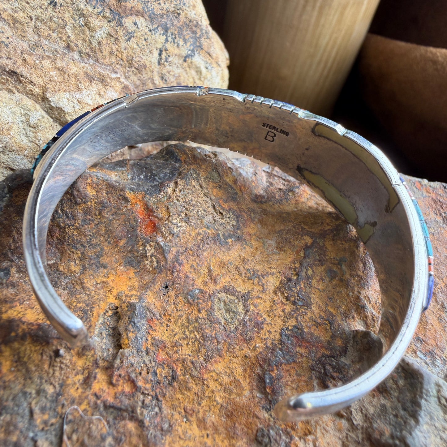 Vintage - Navajo Multistone Channel Inlay Chevron Cuff Bracelet - Estate