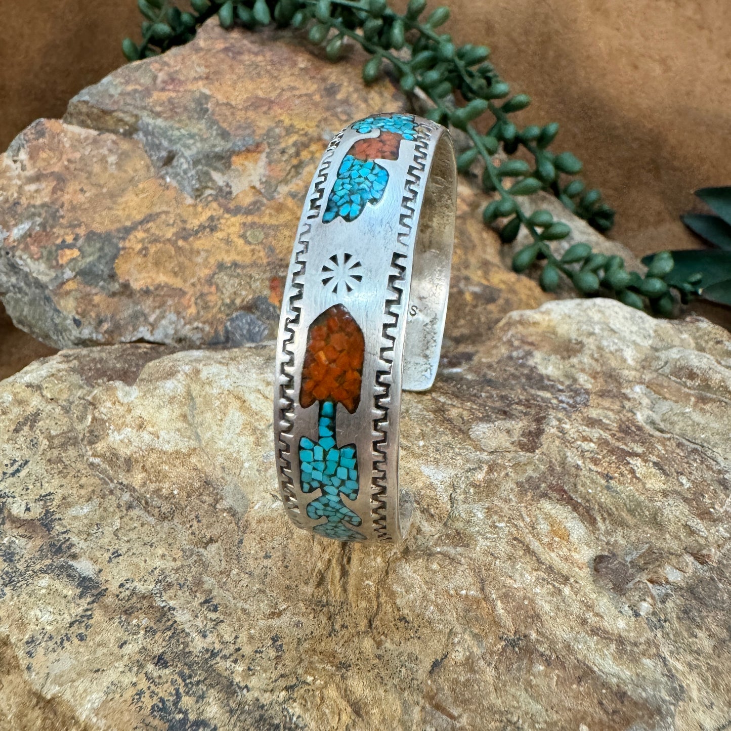 Vintage Navajo Inlaid Sterling Silver Bracelet - Estate Jewelry