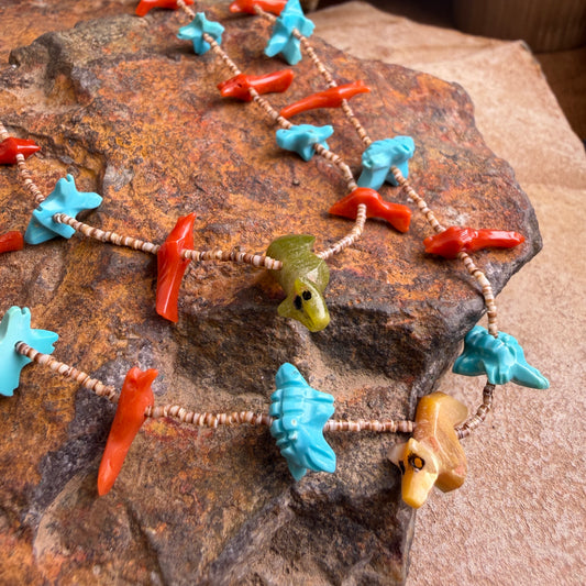 Vintage - Zuni 2-Strand Shell Heishi Necklace with Carved Turquoise Coral & Jade Fetish Animals 24" - Estate