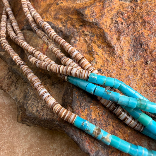 Vintage - 5-Strand Shell Heishi & Turquoise Tube Heishi Two-Tone Necklace 26" - Estate