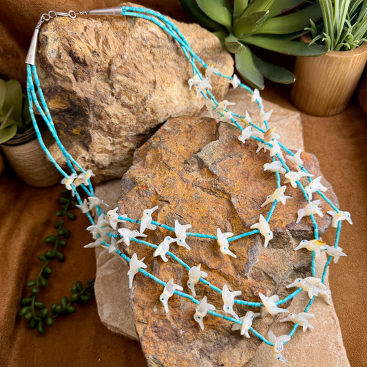 Vintage Hummingbird Fetish Necklace with Mother of Pearl & Turquoise Heishi Beads by Johnny Sheaka- Estate
