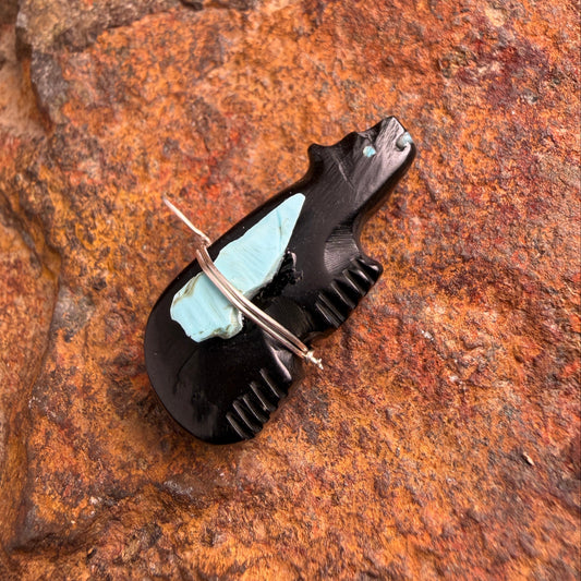Zuni Jet Bear Fetish Pendant with Zuni Sunface by Darren Boone