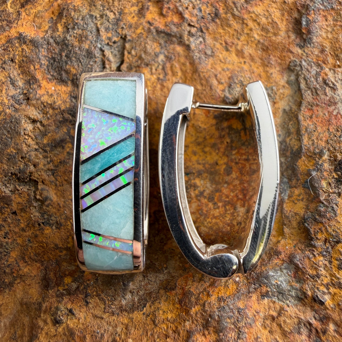 David Rosales Amazing Light Inlaid Sterling Silver Earrings Huggie