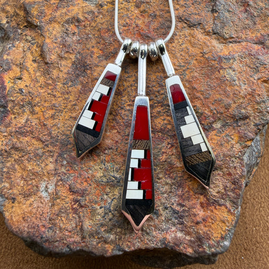 David Rosales Red Feather Inlaid Sterling Silver Necklace