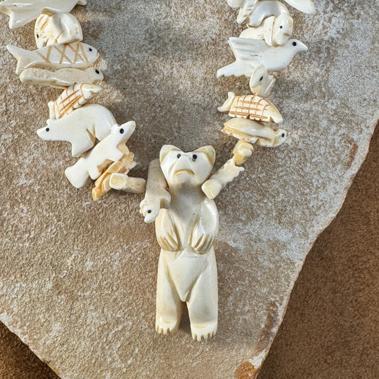 Vintage 24" Walrus Tusk Carved Fetish Necklace with Bear - Estate Jewelry