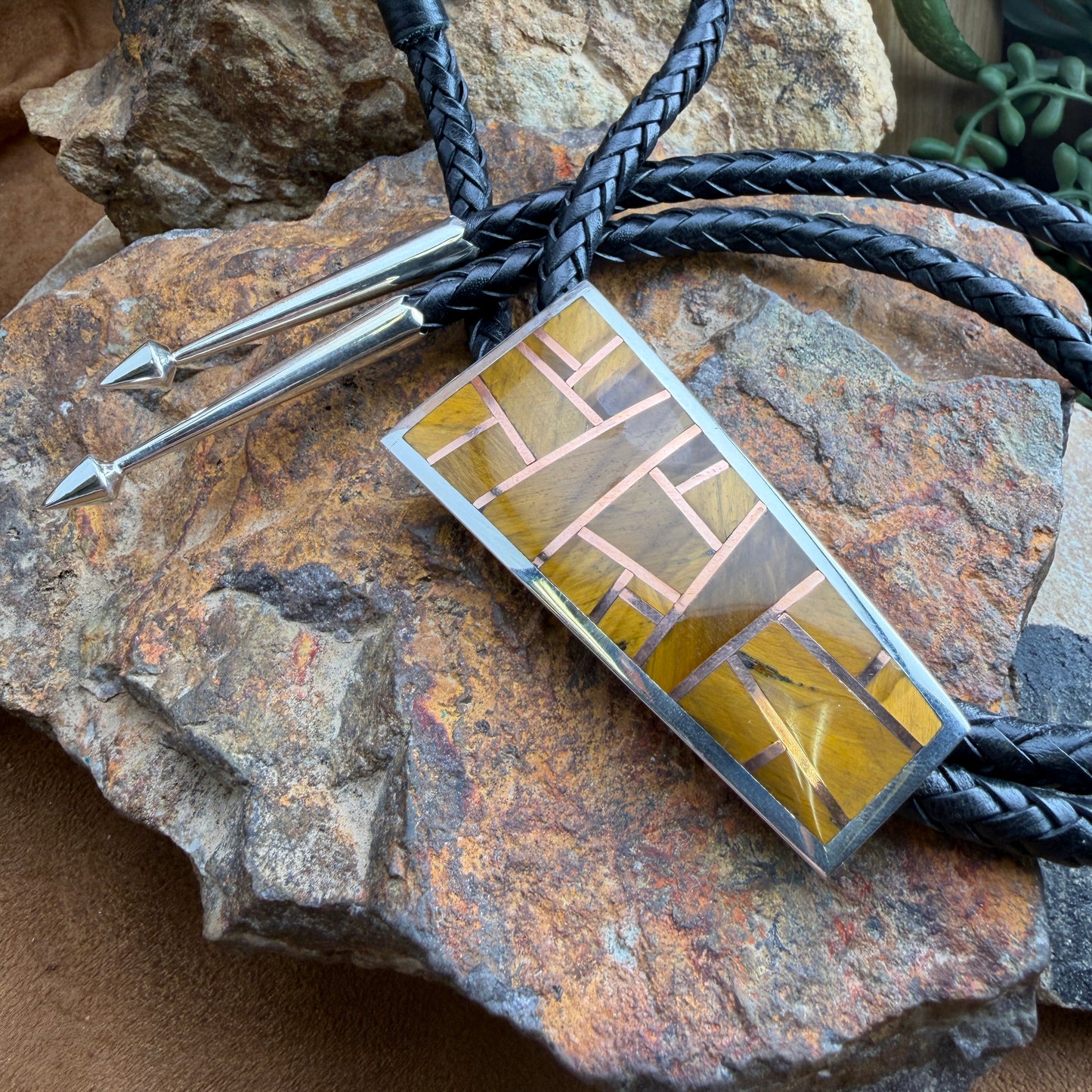 David Rosales Tiger's Eye Copper Channel Inlaid Sterling Silver Bolo Tie