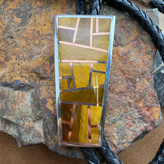 David Rosales Tiger's Eye Copper Channel Inlaid Sterling Silver Bolo Tie