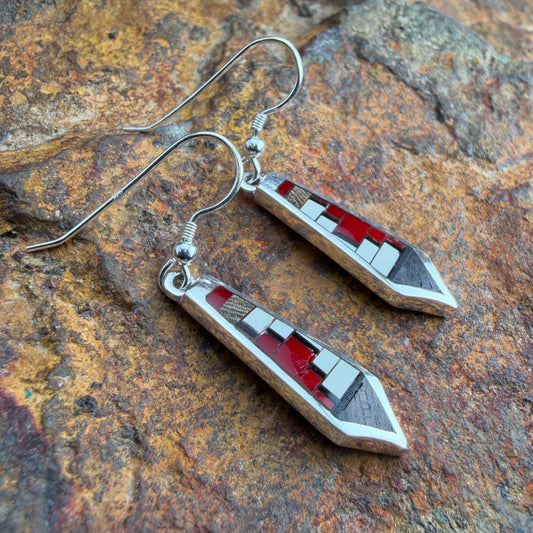 David Rosales Red Feather Inlaid Sterling Silver Earrings