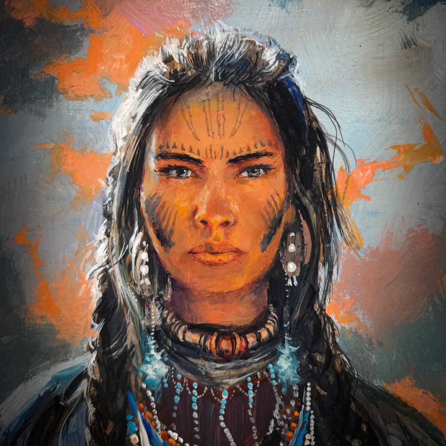 Artistic depiction of a person with tribal makeup and jewelry against a textured background
