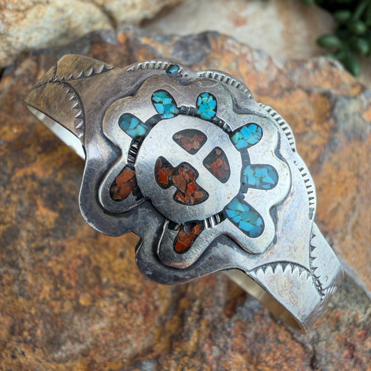 Vintage - Chip Inlay Turquoise & Coral Sun Face Cuff Bracelet - Estate