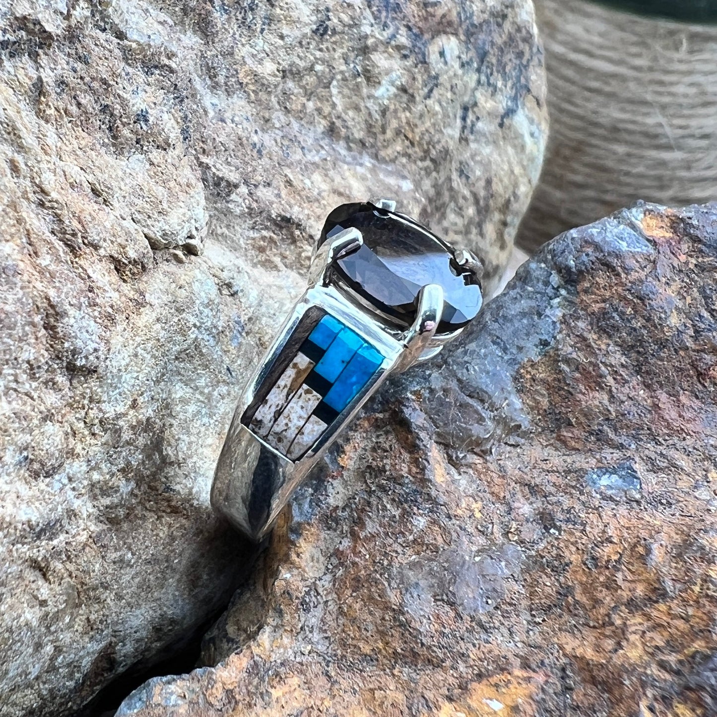 David Rosales Iron Spirit Inlaid Sterling Silver Ring w/ Smoky Topaz