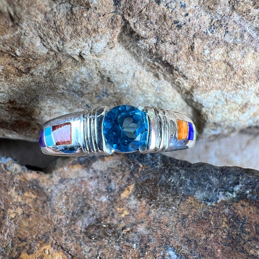David Rosales Indian Summer Inlaid Sterling Silver Ring w/ Blue Topaz