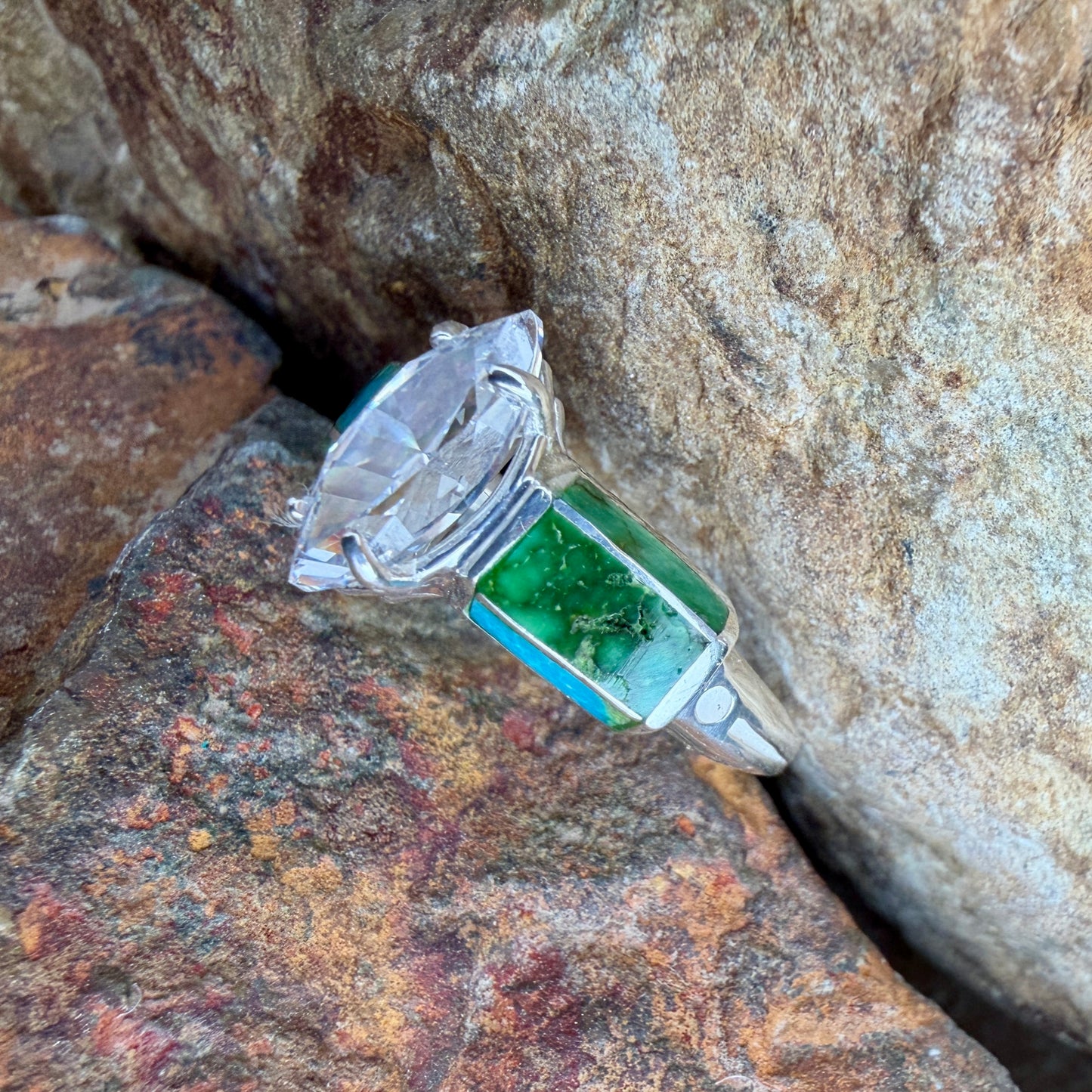 David Rosales Sonoran Gold Inlaid Sterling Silver Ring with Cubic Zirconia