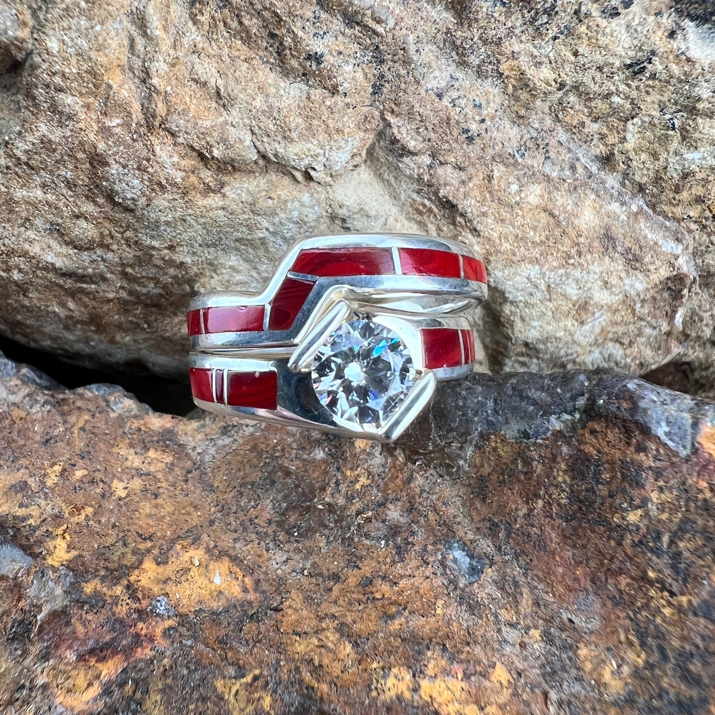 David Rosales Rosarita Inlaid Sterling Silver Ring Set w/ Cubic Zirconia