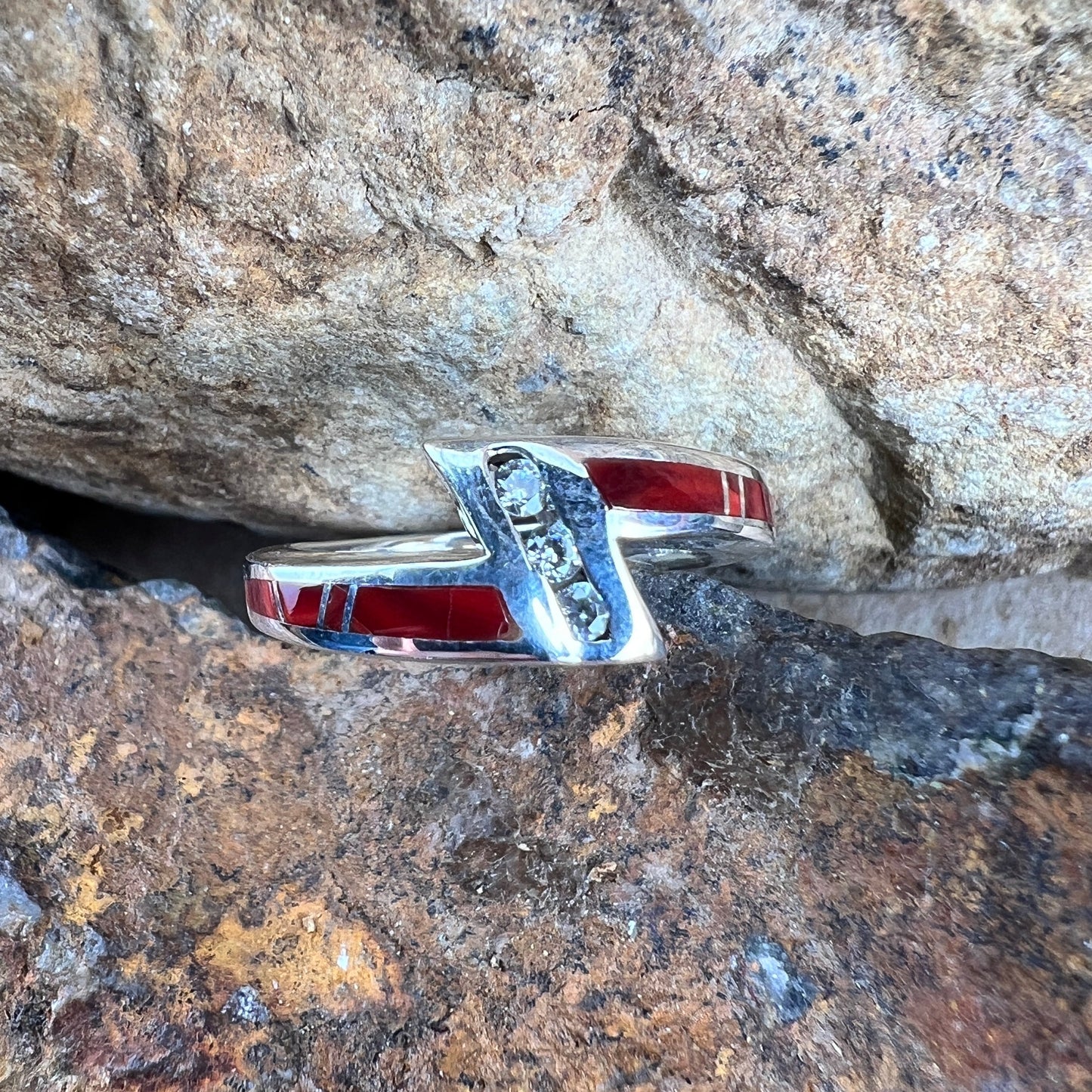 David Rosales Rosarita Inlaid Sterling Silver Ring w/ Cubic Zirconia