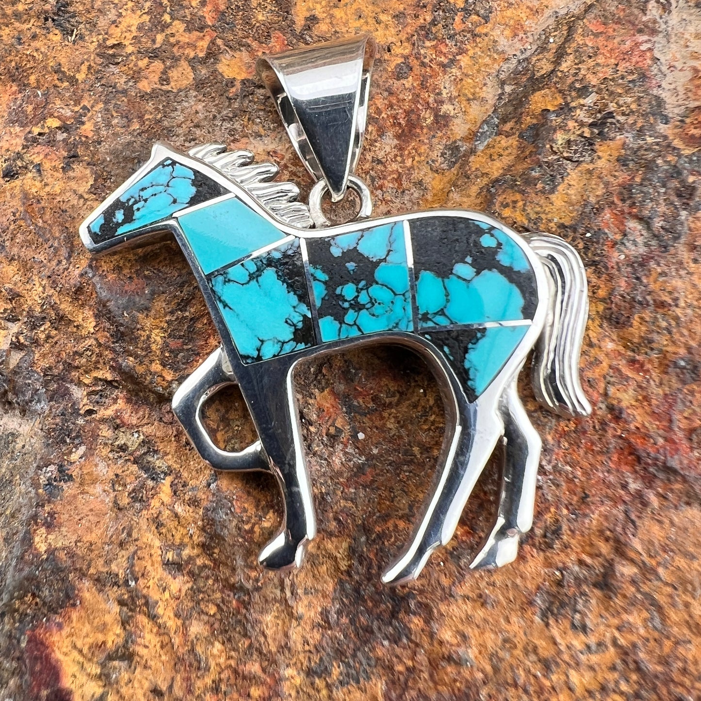 David Rosales Campitos Turquoise Inlaid Sterling Silver Pendant Horse