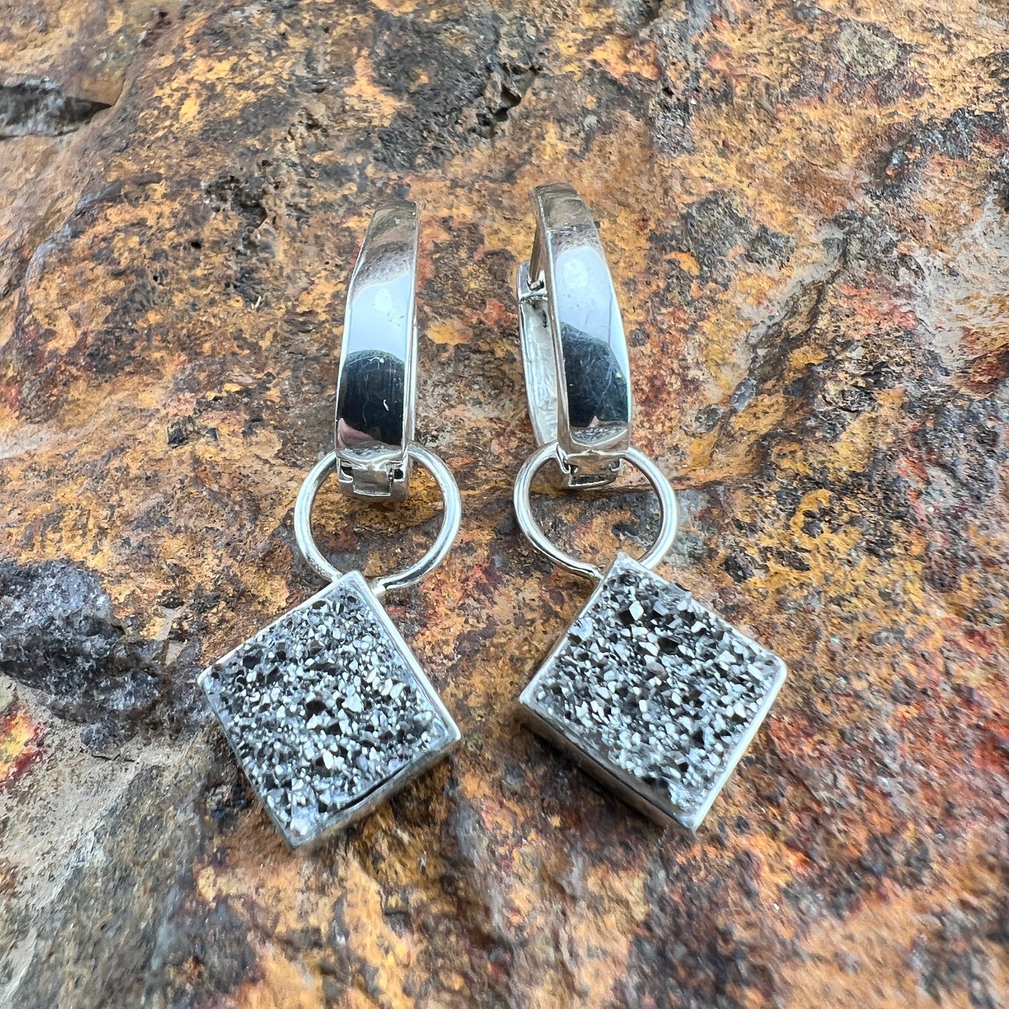 David Rosales Silver Country Sterling Silver and Diamond Shaped Druzy Earrings Huggie