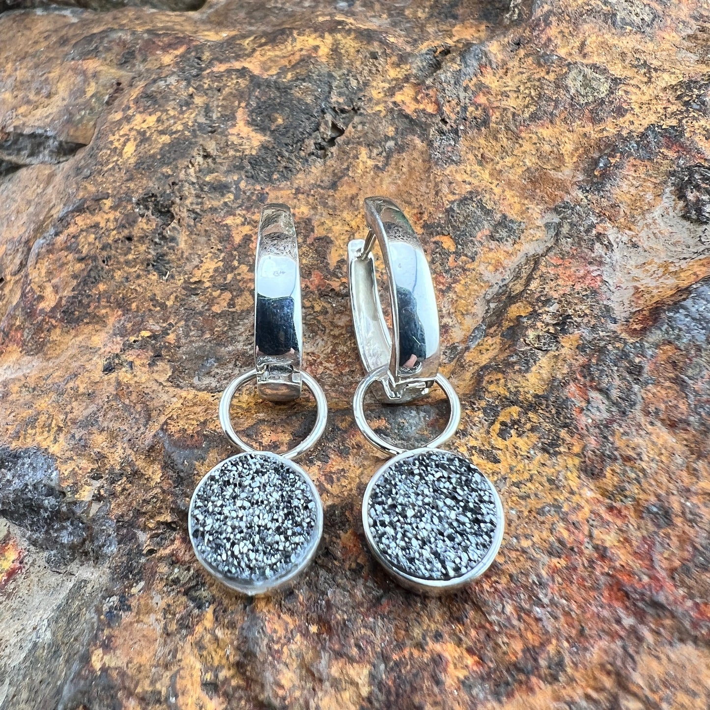 David Rosales Silver Country Sterling Silver and Round Druzy Earrings Huggie