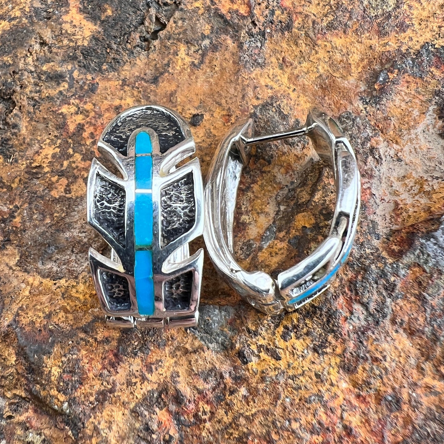 David Rosales Arizona Blue Inlaid Sterling Silver Earrings Huggie