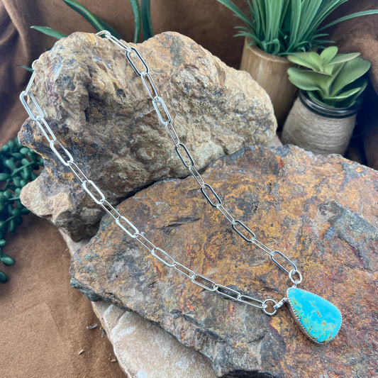 David Rosales Kingman Turquoise Cab Necklace with Sterling Silver Link Chain