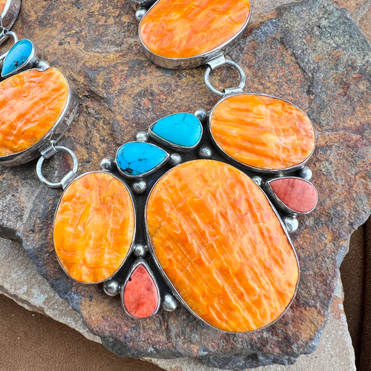 Emer Thompson Spiny Oyster Turquoise Necklace Earring Set - Sterling Silver - Estate