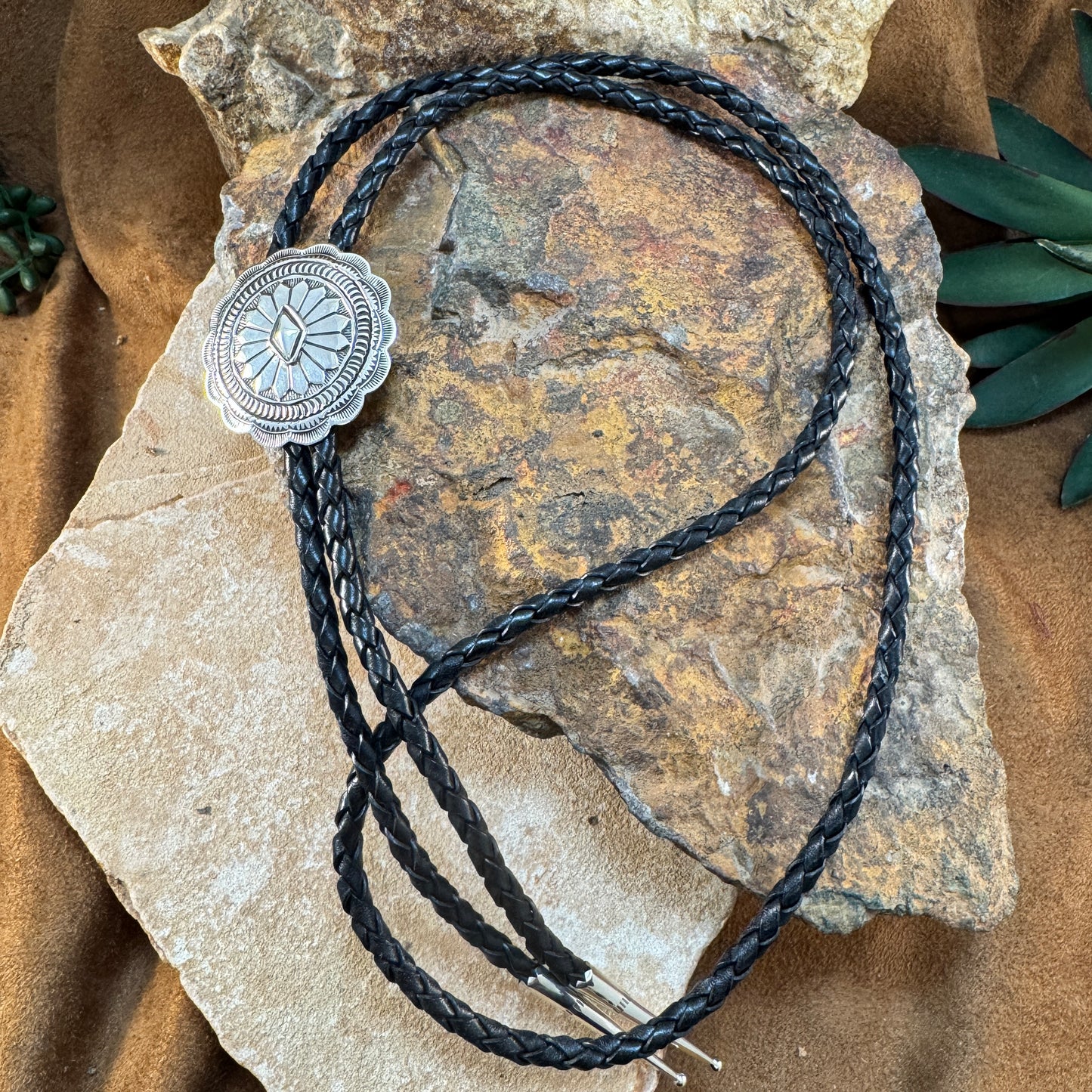 Sterling Silver Leather Bolo Tie by Geneva Ramone