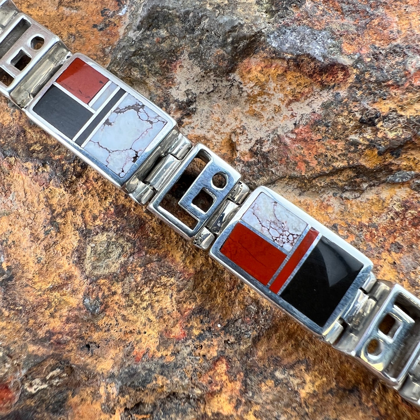 Vintage Black Jade, White Buffalo & Red Coral Inlay Bracelet by Ray Tracey - Estate