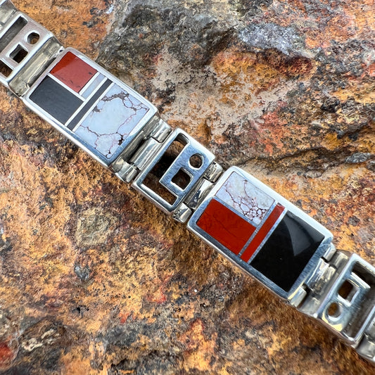 Vintage Black Jade, White Buffalo & Red Coral Inlay Bracelet by Ray Tracey - Estate