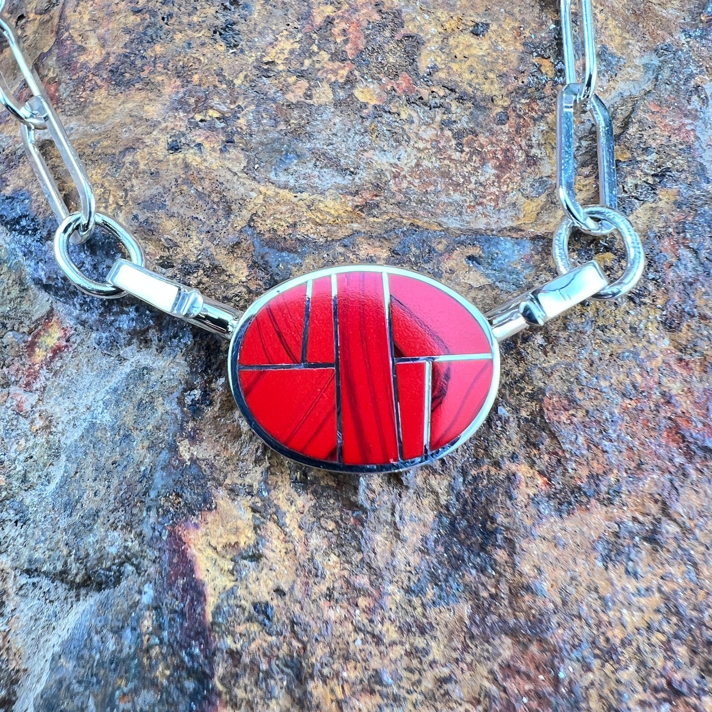 David Rosales Rosarita Inlaid Necklace with Sterling Silver Paperclip Link Chain