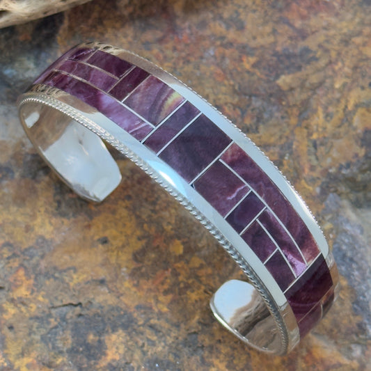 Purple Spiny Oyster Shell Inlay Cuff Bracelet by Richard & Glendora Booqua