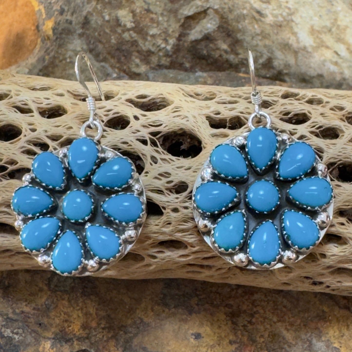 Kingman Turquoise Sterling Silver Earrings Cluster by Nora Whitegoat